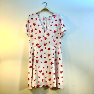 Gap Floral White Red Pink Dress Size 12 Short Sleeve Lined Knee Length V Neck